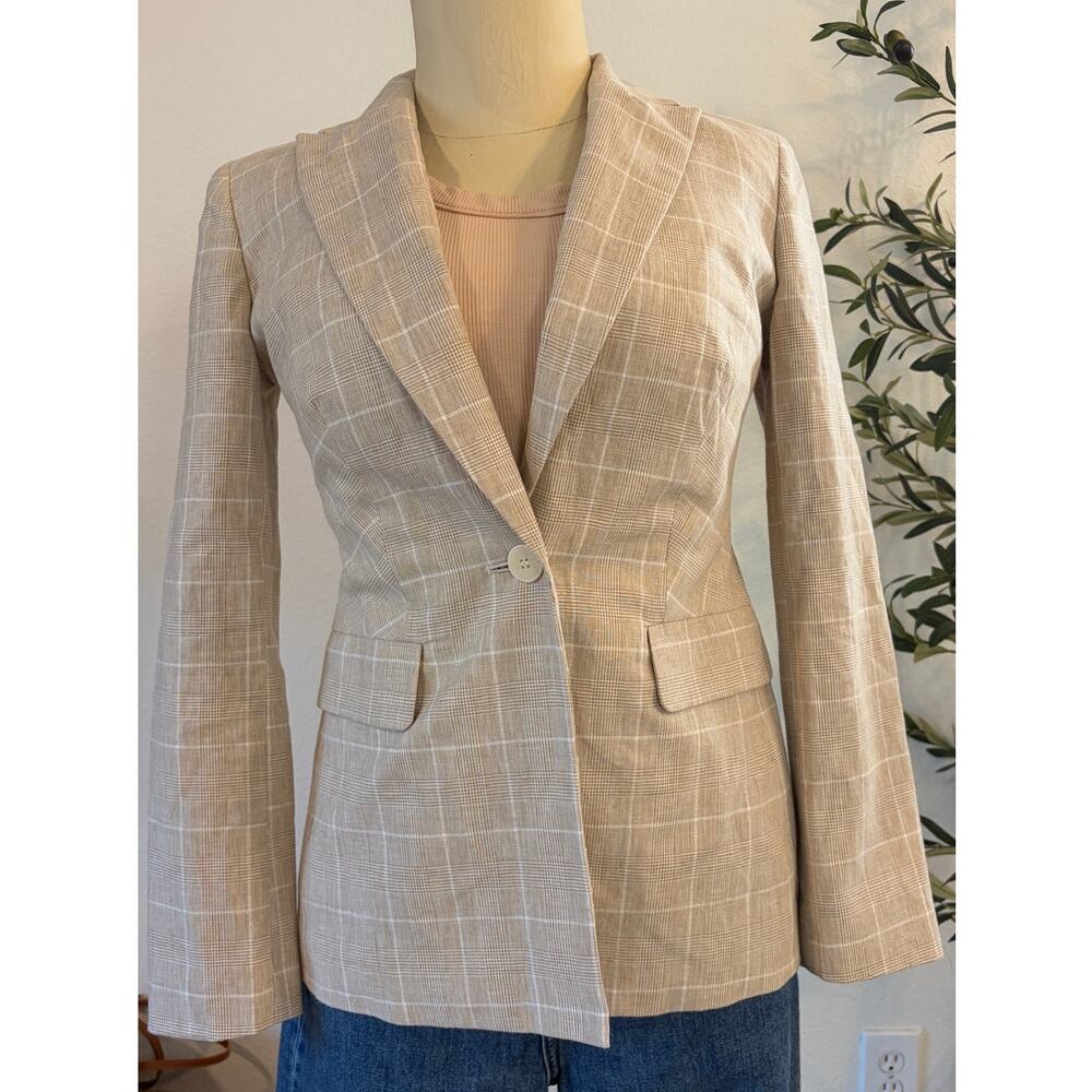 Madewell Beige Windowpane Linen Blend Blazer Women's Size 00 Tailored One Button